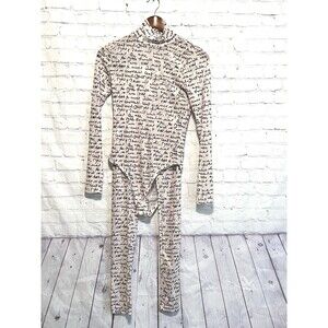 Women’s L Mesh See Thru High Neck Bodysuit With Pants Outfit Set Letter Graphic